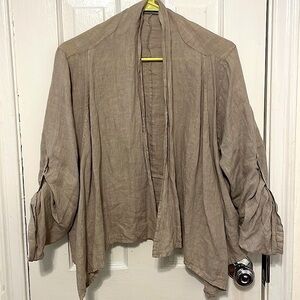 Grey linen cardigan- Open draping neckline and side buckles- one size fits most